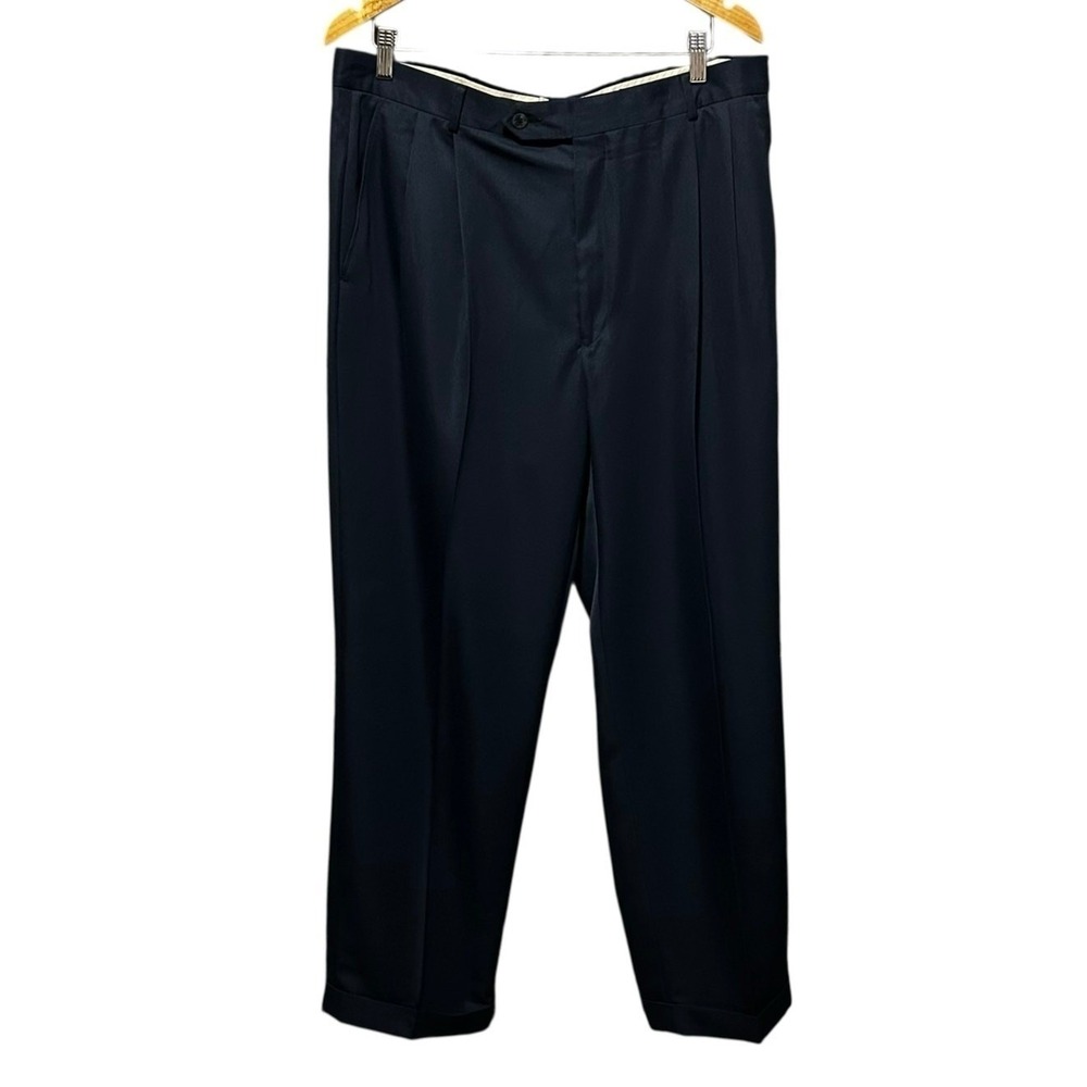 Ballin Saks Fifth Avenue Men Dress Pants 34 Navy Pleated Front Cuffed‎ Business